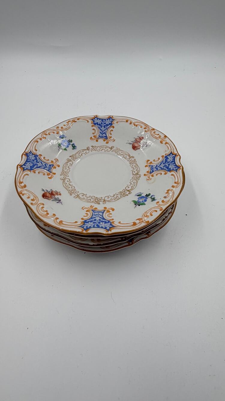 Set of 4 Vintage Schumann Bavaria US Zone Floral Blue Gold Porcelain Saucers